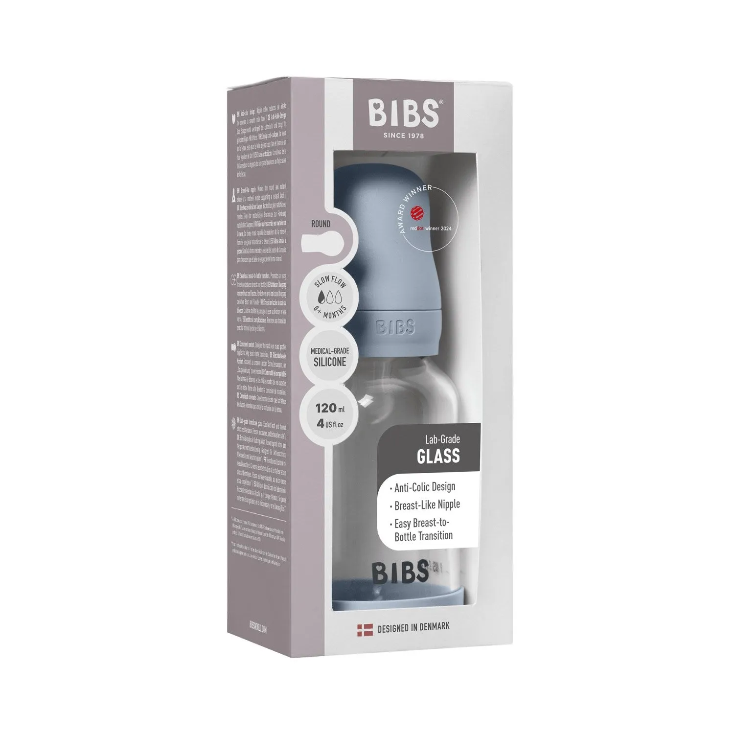 Bibs Baby Blue Glass Baby Bottle Round Silicone Slow Flow