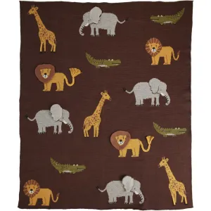 Rice Knitted Baby Blanket In Chocolate Brown With Animals And 3D Details - Chocolate Brown