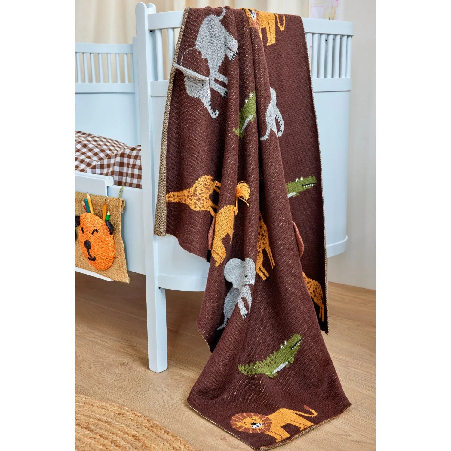 Rice Knitted Baby Blanket In Chocolate Brown With Animals And 3D Details - Chocolate Brown
